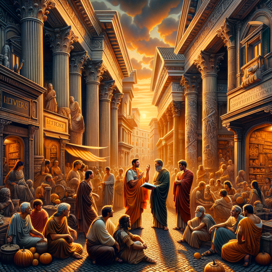Ancient Roman philosophers Seneca, Epictetus, and Marcus Aurelius stand amid bustling city streets, engaging citizens with wisdom, in a scene reminiscent of 1960s historical epic films.