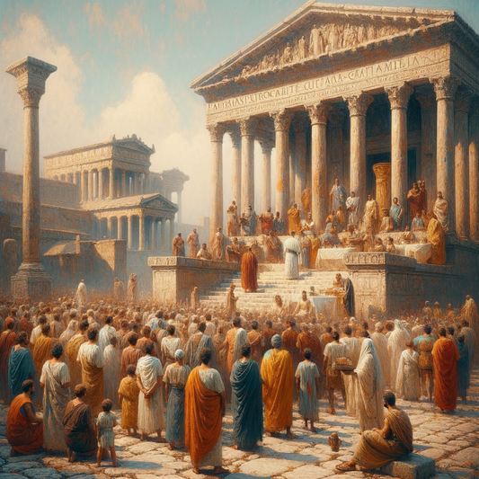 Depiction of diverse ancient Italian tribes in a Roman forum, styled as a 1960s historical epic film scene.