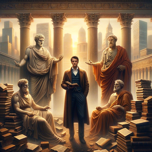 Ryan Holiday surrounded by stoic philosophers Marcus Aurelius and Epictetus, with books and a modern cityscape blending ancient wisdom with modern life.