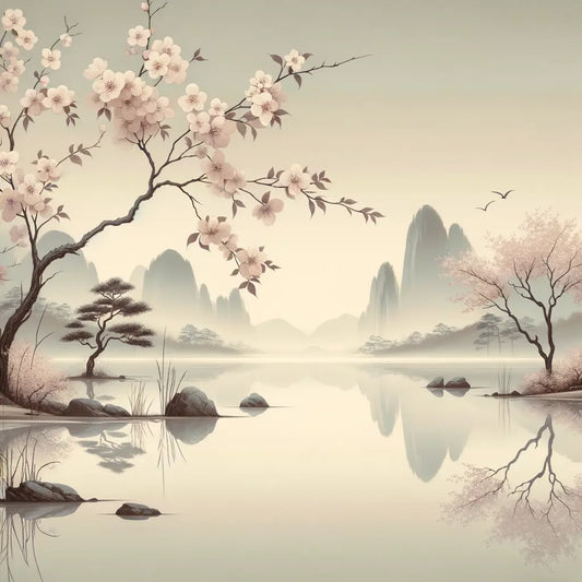 A tranquil view of cherry blossoms and a pond with a mountain in the background, reflecting traditional Japanese aesthetics.
