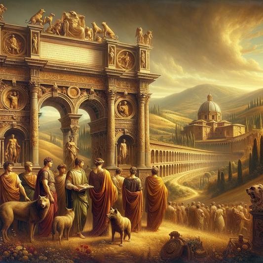 Romulus and Remus with the she-wolf amid iconic Etruscan architecture in Tuscany, depicted in a style reminiscent of a 1960s historical epic.