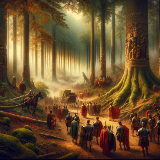 Roman soldiers cautiously advancing through a misty ancient forest, evoking the Teutoburg Forest setting, inspired by 1960s historical epic films.