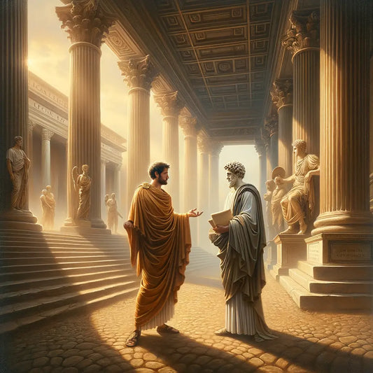 Marcus Aurelius and Ryan Holiday, depicted in a Roman forum, engaging in a symbolic dialogue, in the style of a 1960s historical epic film.