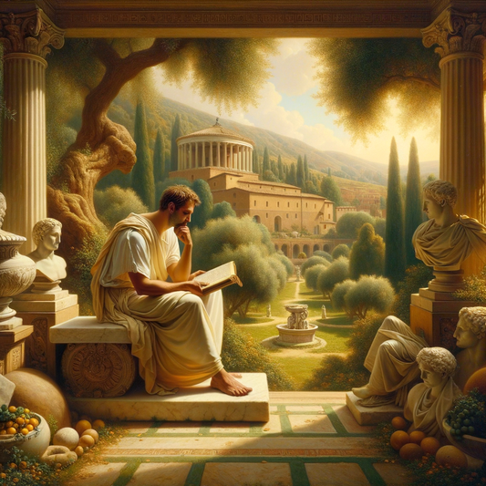 A serene Roman garden with a philosopher in a toga reading a scroll, embodying the aesthetics of 1960s historical films.