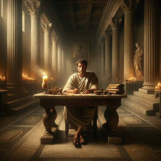 Marcus Aurelius writing Meditations by candlelight in a Roman villa, reflecting wisdom and philosophy with cinematic clarity.