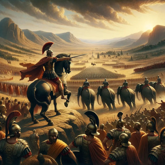 Scipio Africanus commanding Roman troops at the Battle of Zama, with elephants and cavalry in the background, inspired by 1960s historical film aesthetics.