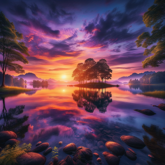 A picturesque sunset over a tranquil lake, framed by trees and mountains.