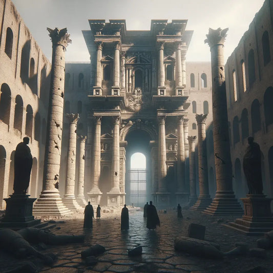 The Mamertine Prison entrance in ancient Rome, casting shadows of past glory amidst historic ruins in a vintage cinematic style.