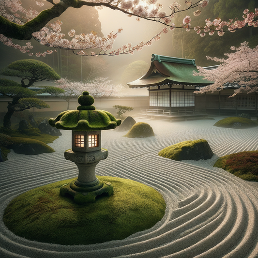 Ein minimalistischer japanischer Zen-Garten mit einem moosbewachsenen Steinlaternen, umgeben von Kirschblüten und einer stillen, meditativen Atmosphäre.