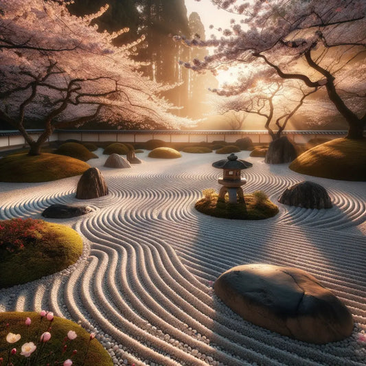 Zen garden at dawn with cherry blossoms