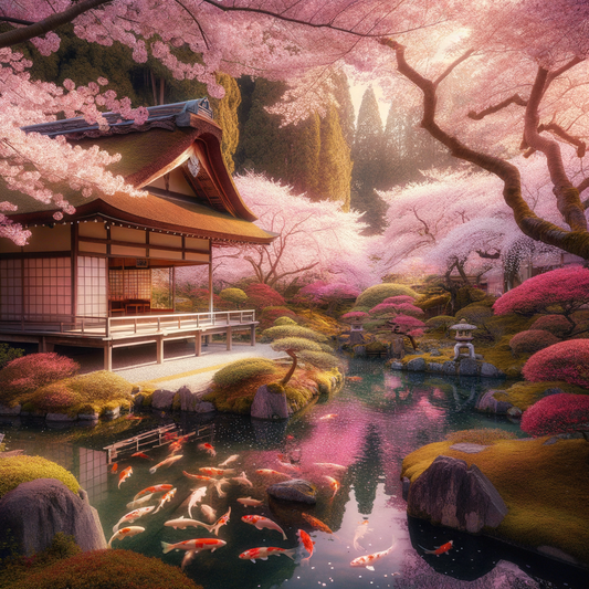A peaceful scene of a Japanese garden with cherry blossoms, a tea house, and koi pond.