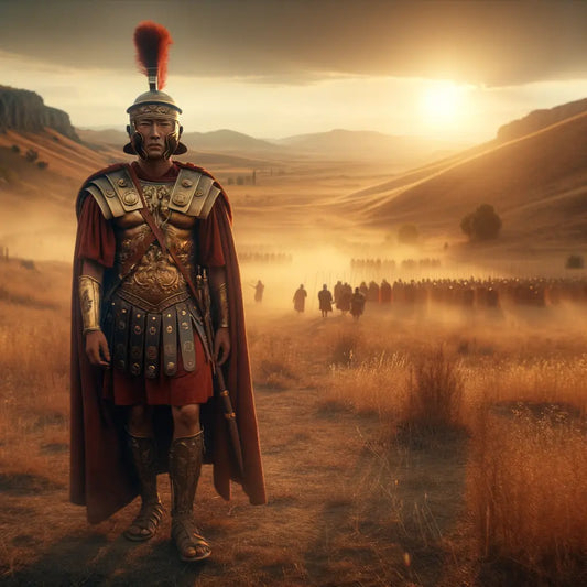 A Roman soldier in full armor stands heroically on a battlefield, evoking devotion and sacrifice in a style reminiscent of 1960s historical epics.