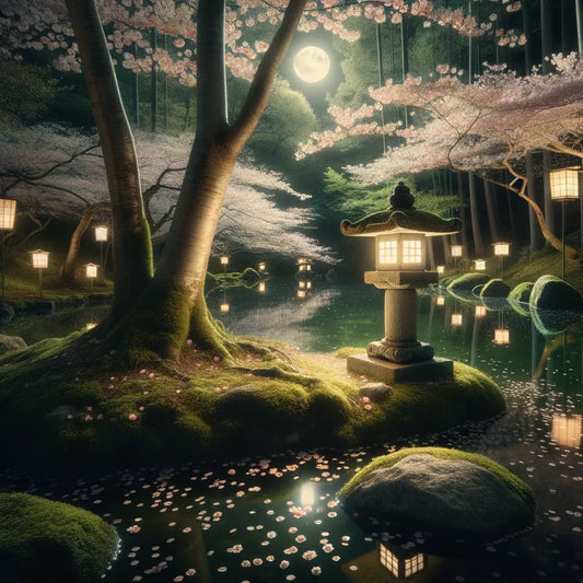 Ein stilles Waldlichtungsszene in Japan mit einem Steinlaterne am Teich und Kirschblüten unter Mondlicht, minimalistisch und nachdenklich.