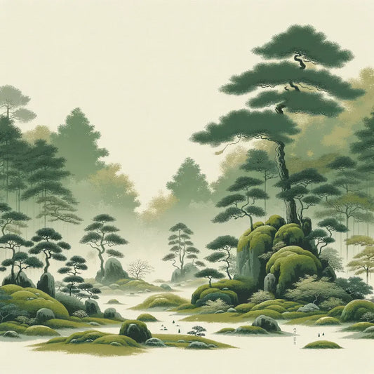 Eine ruhige Waldfszene mit subtilem Grün und Geisterwesen, inspiriert von minimalistischer japanischer Ästhetik.
