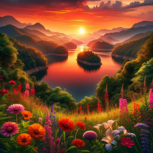 A beautiful sunset casting warm hues over a calm lake, framed by mountains and colorful flowers.