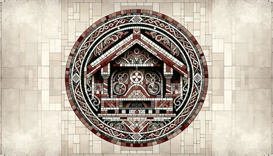 Fragment eines roemisch inspirierten steinernen Ornaments mit nordischen Motiven in Ziegelrot auf hellem Naturstein