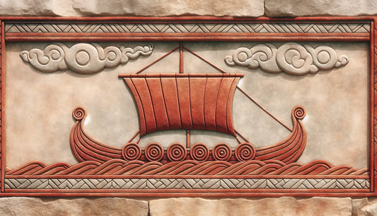 Steinrelief eines Wikingerlangschiffs mit nordischem Himmel im antiken Stil Ziegelrot auf hellem Stein Hintergrund