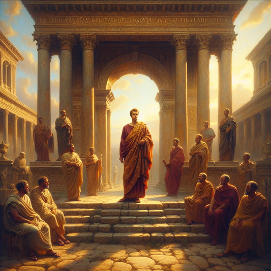 A wise Roman emperor stands calmly in an ancient courtyard surrounded by senators and philosophers, with classic Roman architecture in soft daylight, inspired by 1960s historical epic films.
