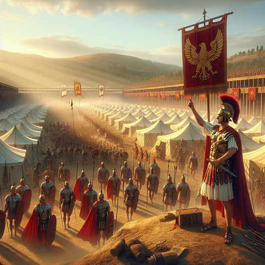 Young Caligula marching alongside Roman legionnaires wearing caligae boots within a Roman military camp, surrounded by banners and tents, in a classical 1960s historical epic painting style.
