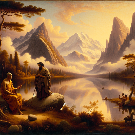 A Zen Buddhist monk and Stoic philosopher meditate by a serene reflecting lake, symbolizing the philosophical harmony of Zen and Stoicism.