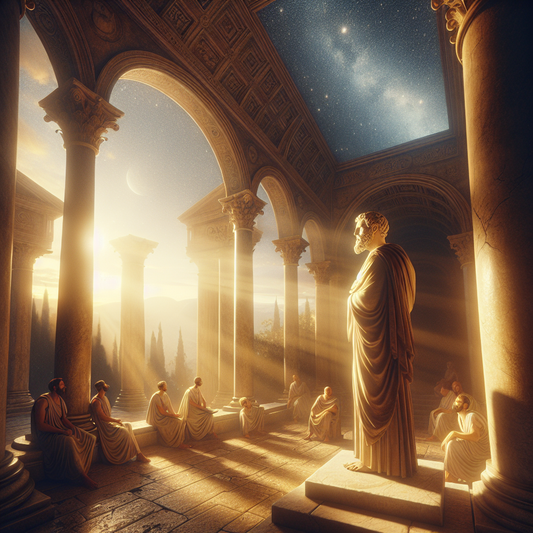 Zeno of Citium contemplating the cosmos in a serene philosophical scene, surrounded by Roman architecture.