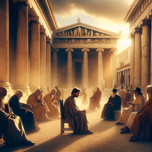 Zeno of Citium engaging in a philosophical discussion on an ancient Athenian street, surrounded by classic Greek architecture.