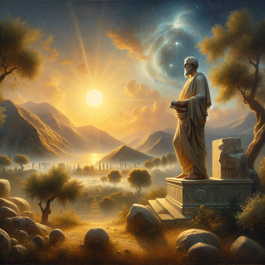 Statue of Zeno of Citium standing thoughtfully with a scroll, surrounded by symbolic natural elements of cosmos and harmony under a clear dawn sky, depicted in a classical cinematic painting style.
