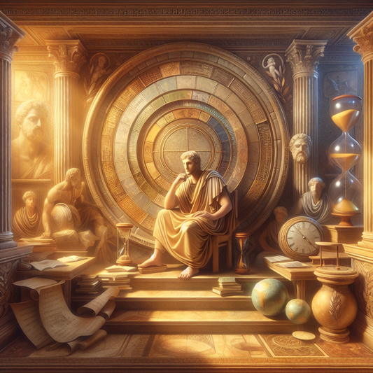 Zeno of Citium in deep contemplation, surrounded by Stoic symbols, in a scene inspired by 1960s historical epics.
