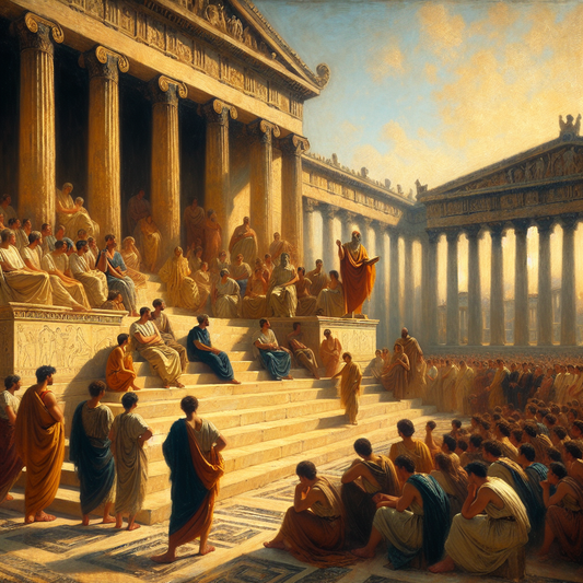 Ancient Greek philosopher Zeno of Citium teaching Stoicism in the marble-columned agora of Athens, surrounded by students under warm daylight in a classical setting reminiscent of 1960s historical epics.