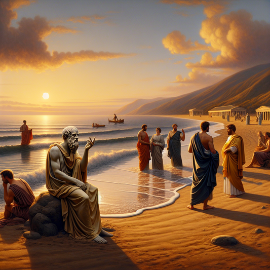 Zeno of Elea contemplating on a serene beach at sunset, engaged in philosophical inquiry, inspired by classic historical film style.