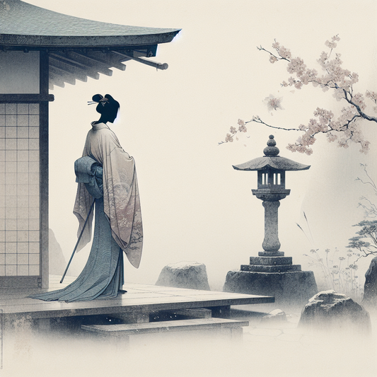 A serene figure in flowing traditional robes with a pastel palette in a quiet Kyoto garden with sakura petals and stone lantern, evoking calm mystery and balanced masculine and feminine traits.