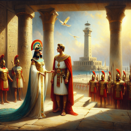 Cleopatra in royal Egyptian robes and Julius Caesar in Roman toga stand on marble steps overlooking Alexandria, with Roman legionaries and the Lighthouse of Alexandria in the background, painted in a 1960s historical epic style.