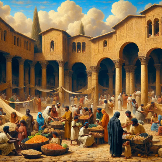 Ancient Roman marketplace with poor citizens in modest clothes exchanging coins for bread, legumes, and vegetables under canvas tents, set against warm Roman architecture and sunny sky.