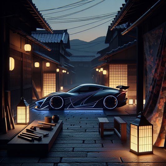 A sleek Japanese sports car with neon accents next to traditional artisan tools and subtle Japanese patterns in a balanced, minimalist composition.