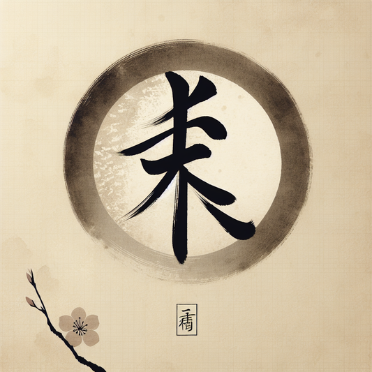Minimalist traditional Japanese illustration of kanji 明 blending sun and moon elements with soft glowing light, evoking cultural balance and harmony.