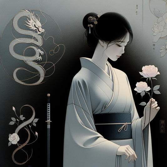A stylized anime-inspired serene Japanese woman holding a delicate rose amid subtle dragon and samurai sword motifs on a dark, softly lit background — elegant, minimal, and symbolic.