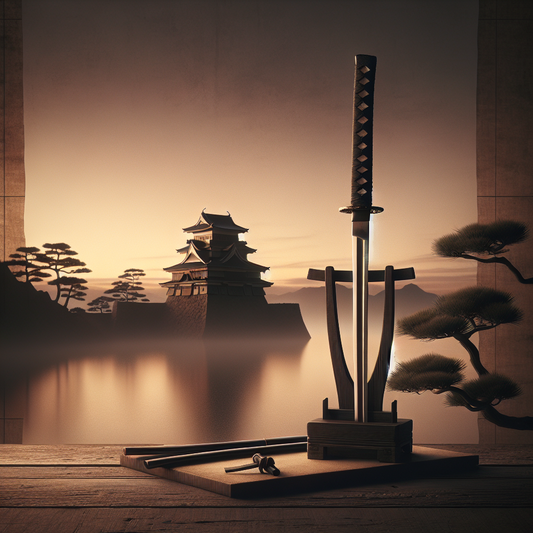 A traditional Japanese katana sword standing against the backdrop of a historic castle at sunset, rendered with minimalist and serene Japanese aesthetic.