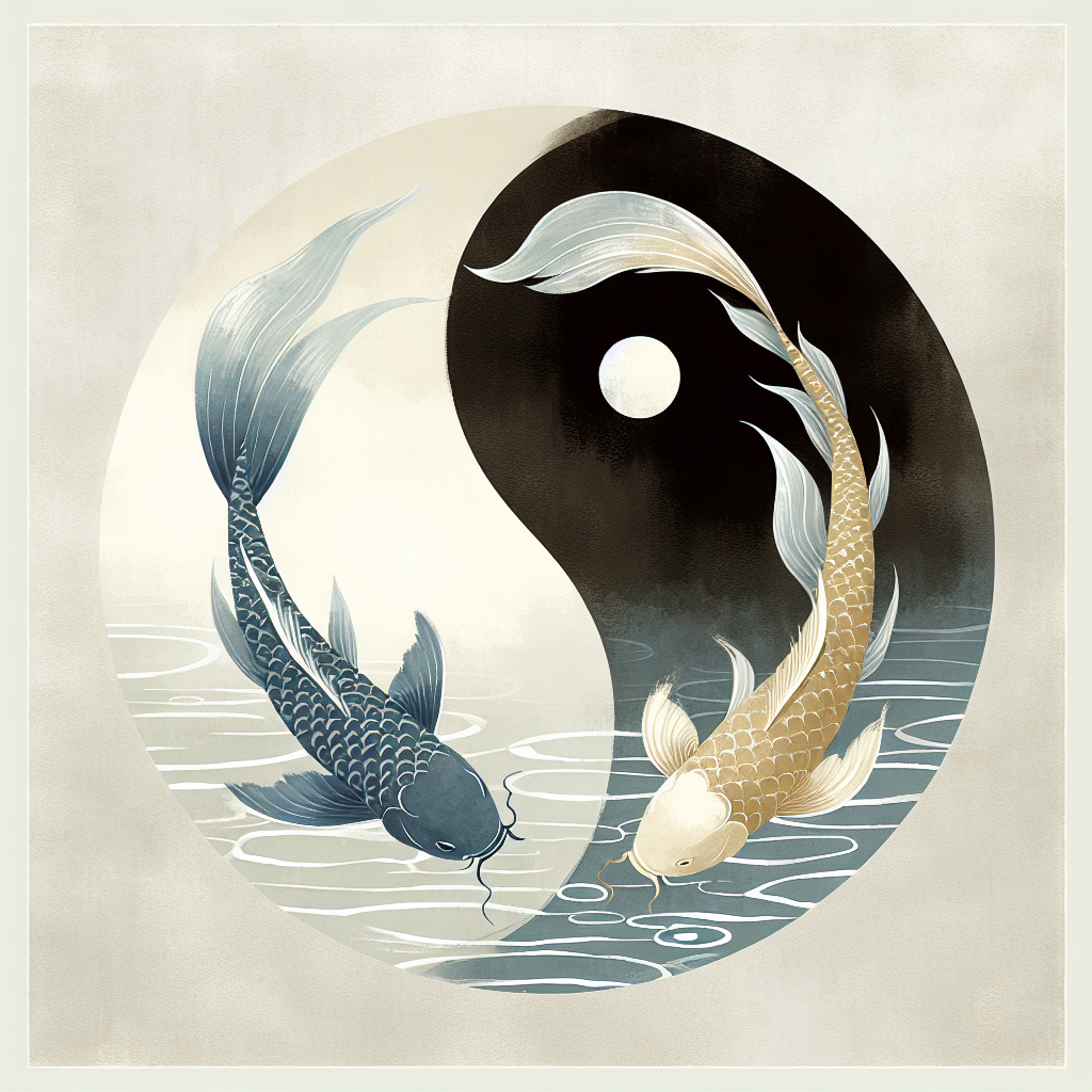 Two koi fish forming a glowing yin-yang circle swimming in calm water, styled in soft indigo and warm gold with a minimalist Japanese aesthetic, representing harmony and balance.
