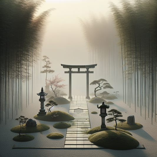 A minimalist traditional Japanese scene with a moss-covered stone lantern and torii gate surrounded by bamboo and cherry blossom petals in soft early morning light, evoking calm and timeless beauty.