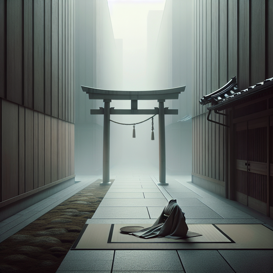 A serene wooden torii gate beside a folded kimono on a tatami mat in a misty Japanese alley, minimalist and peaceful.