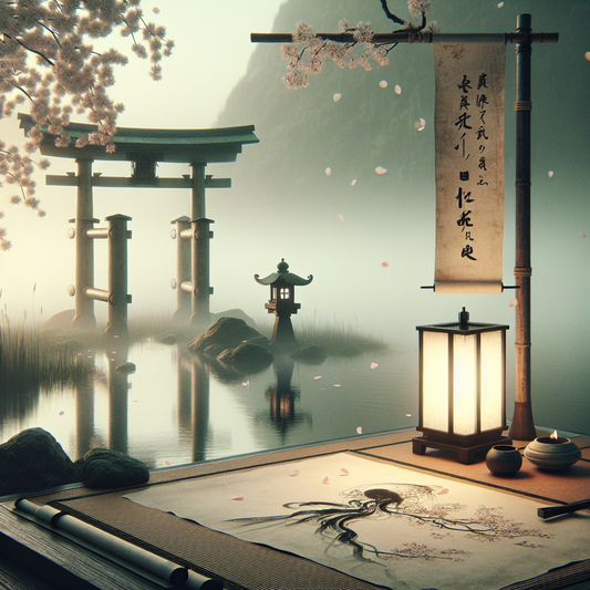 A tranquil Japanese garden at dawn with a wooden torii gate, softly glowing paper lantern, drifting cherry blossom petals, and an ink-brush style scroll depicting subtle anime character sketches, reflecting serene fusion of tradition and modern narrative.