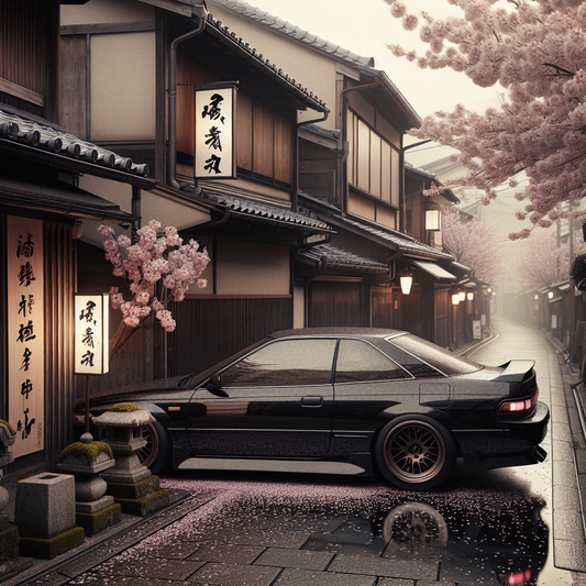 A sleek Japanese Domestic Market car parked on a narrow traditional street under blooming cherry blossoms, showing right-hand drive interior through reflective windows, in a serene and minimalistic Japanese scene.