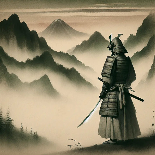 A noble Japanese samurai in traditional armor stands poised against a misty mountain backdrop at dawn, embodying honor and discipline in a minimalist, serene style.