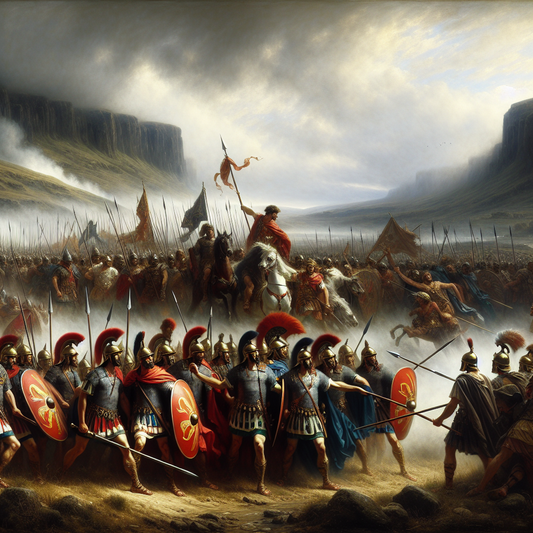 Roman soldiers in red cloaks facing fierce blue-painted Celtic warriors on an ancient misty battlefield, evoking the tension and drama of the Gallic Wars in a 1960s historical epic painting style.
