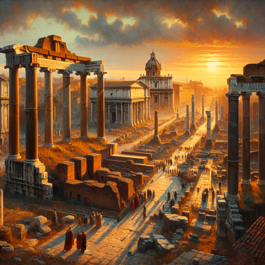 Panoramic view of Roman Forum ruins at sunset with ancient temples and columns bathed in warm golden light, set against the vibrant cityscape of Rome, styled as a cinematic 1960s historical epic painting.