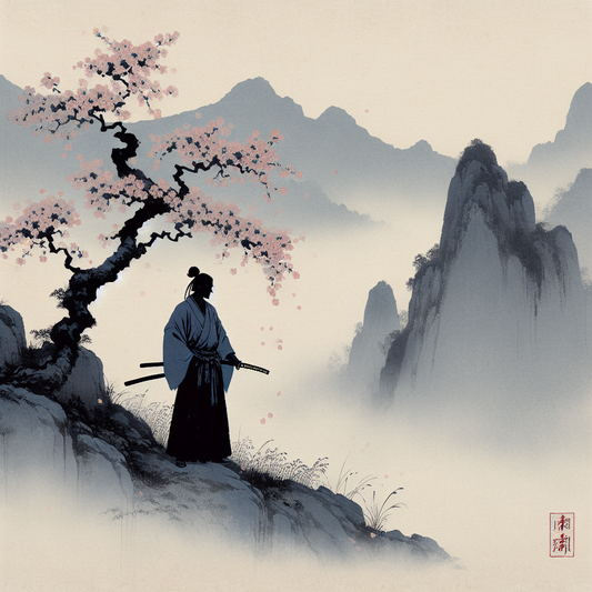 A serene samurai standing on a misty mountain at dawn, holding a polished katana with cherry blossoms gently falling around him, embodying honor and duty in a minimalist Japanese art style.
