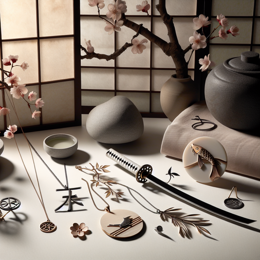 Minimalist jewelry inspired by samurai symbols featuring katana, cherry blossoms, and koi fish on elegant necklaces and pins against a subtle Japanese aesthetic background.
