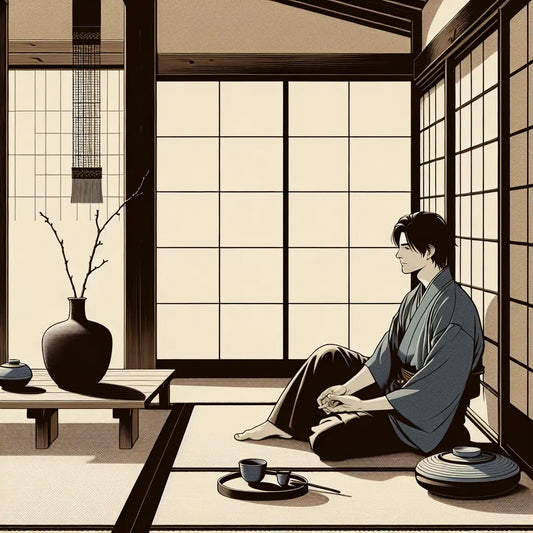 An adult man sitting thoughtfully in a serene, traditional Japanese café with soft natural light and minimalist decor, embodying a calm and mature atmosphere inspired by seinen manga.