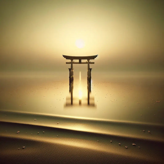 A peaceful dawn with golden sunlight casting soft light over a calm horizon featuring a solitary Japanese torii gate by still water with floating cherry blossom petals, evoking serenity and renewal.