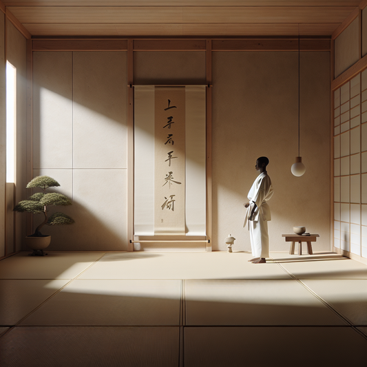 A serene Japanese dojo bathed in soft light showing a Karate student practicing with calm focus, embodying the concept of beginner's mind or shoshin, surrounded by traditional minimalist elements.
